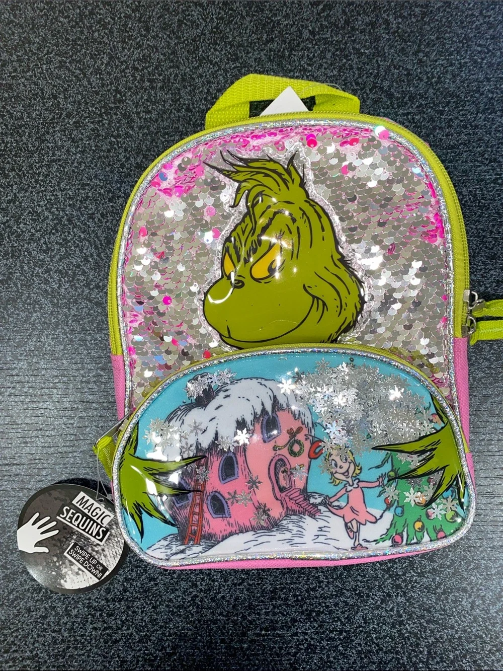 Kids Sequin the Grinch who stole Christmas mini small Backpack - Green & Pink